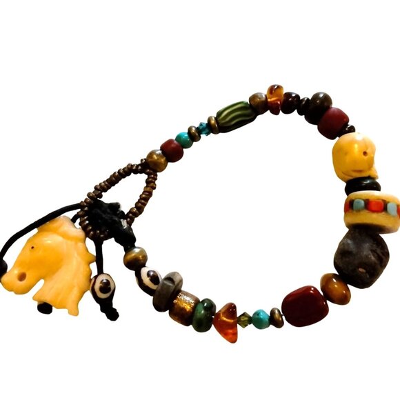 Skull Horse Fetish Bracelet Calaveras Vintage Handmade Beaded Charm Day of Dead - Picture 4 of 9